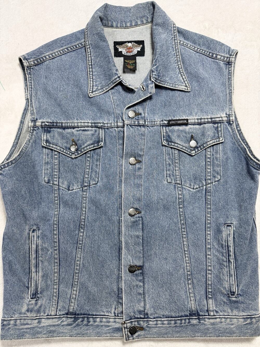 Vtg Harley Davidson Denim Biker Vest Mens M Blue Jean Trucker Made In Canada